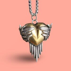 Heart and Wings Two Tone Heavy Pendant and Necklace #1430